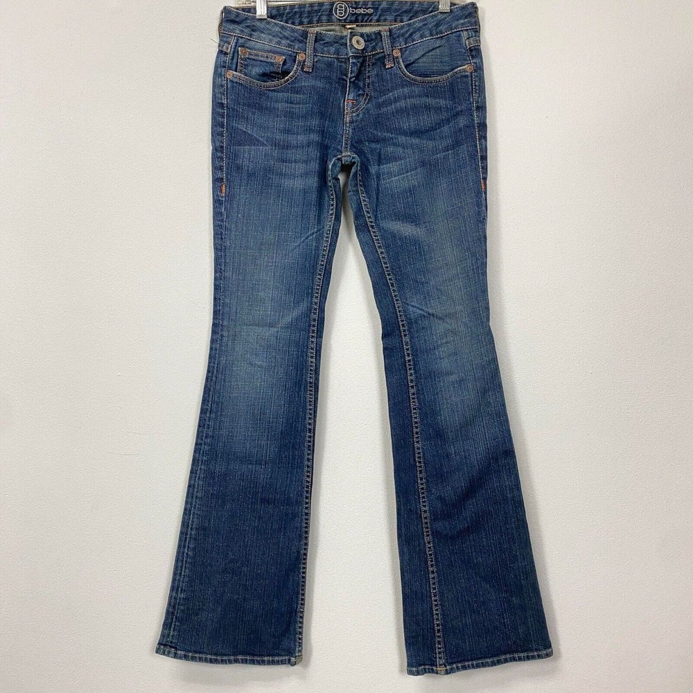 Bebe‎ EWomens Dark Wash Blue Denim Bootcut Low Rise Pants size 28 FLAWED